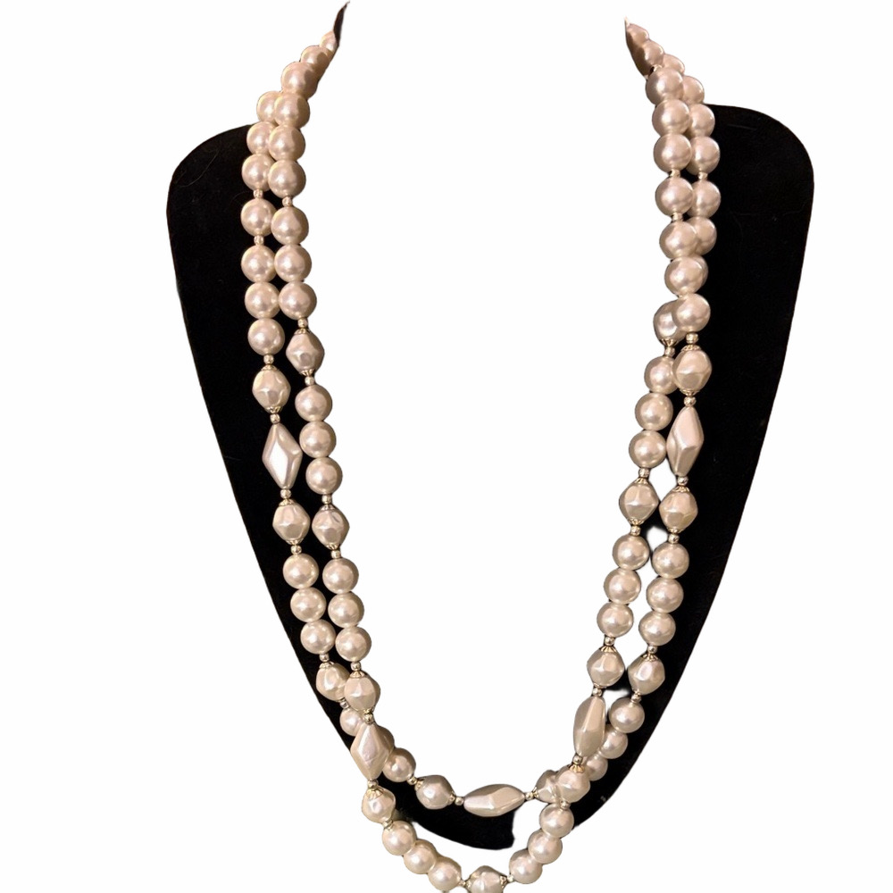 Vintage double strand silver tiny spacer beads 1950s white faux pearls.21”